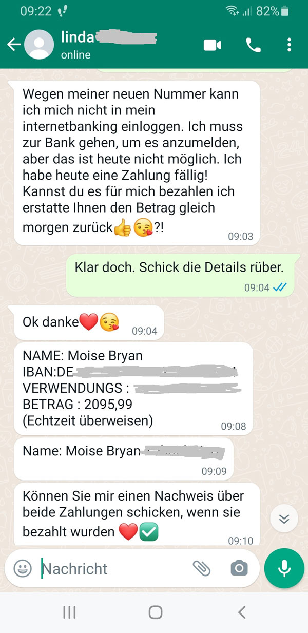 Phishing persönlicher Daten Phishing persönlicher Daten: Beispiel einer WhatsApp-Nachricht